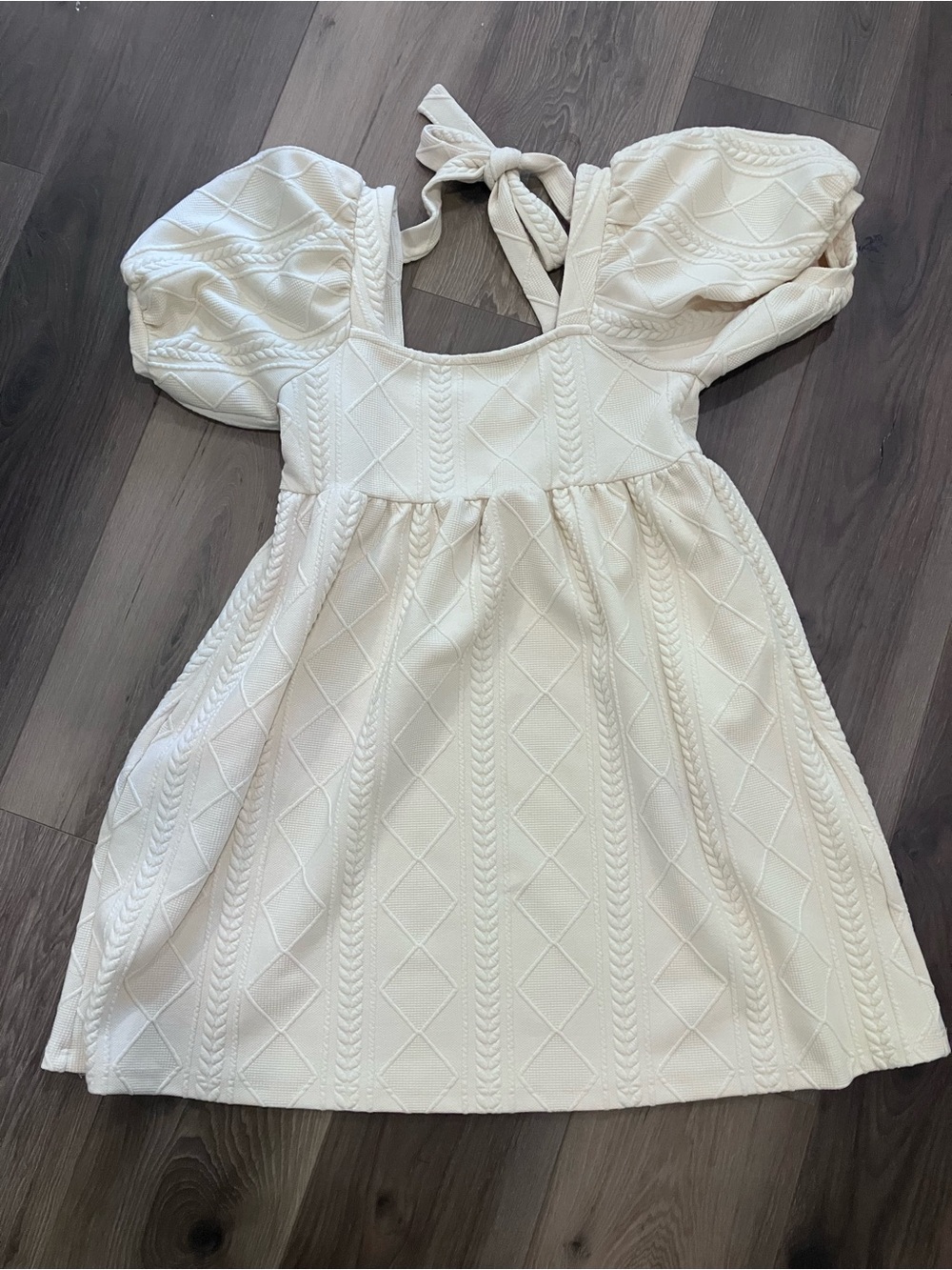 Listicle Cream Puff-Sleeve Textured Mini Dress